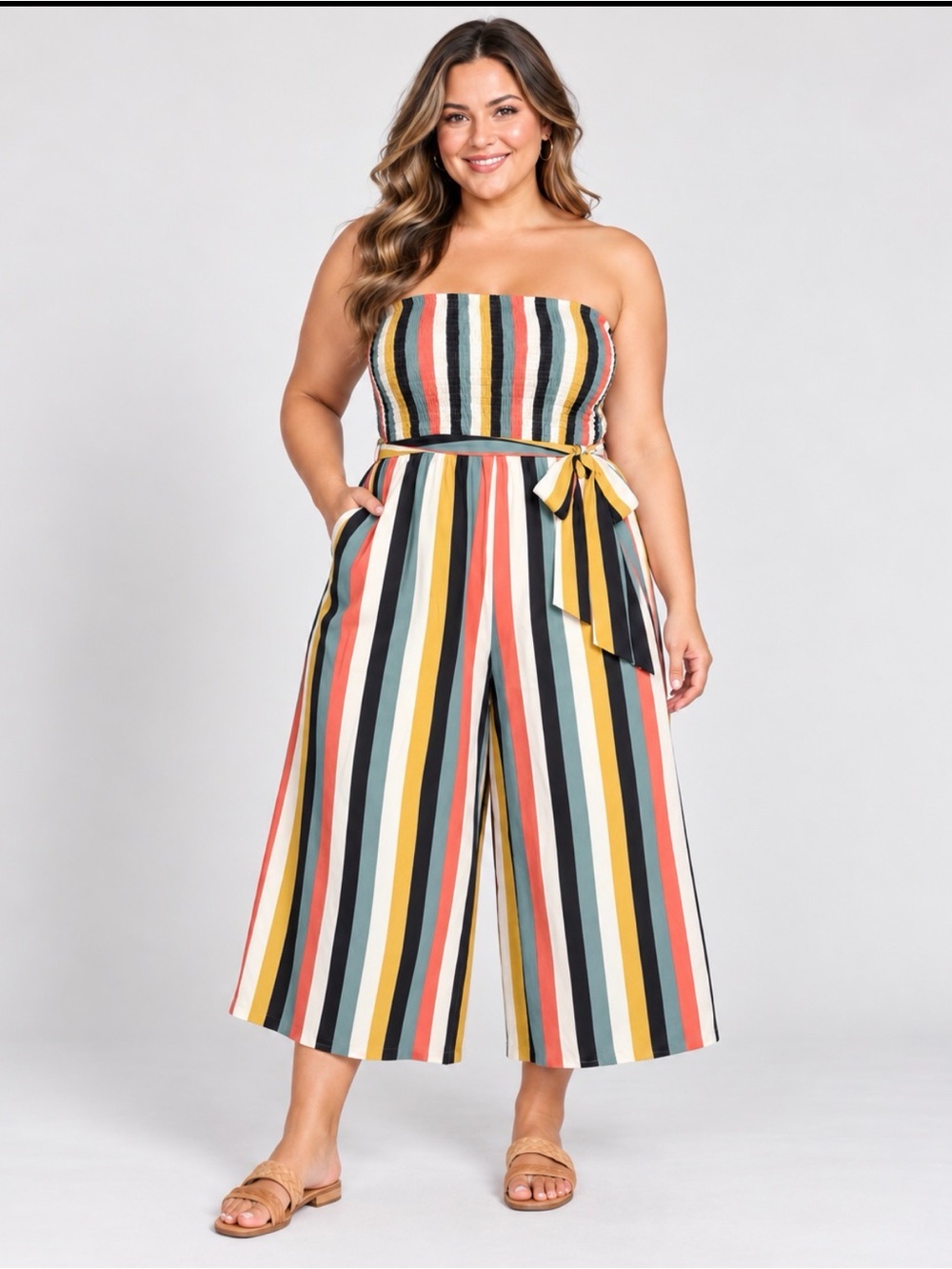 Plus-Size Strapless Wide-Leg Jumpsuit in Multi Stripe